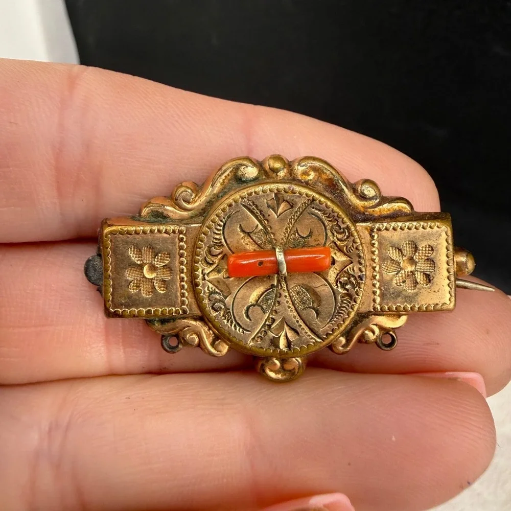Vintage Gold Filled Brooch Coral Victorian Revival